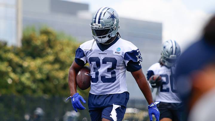 Dallas Cowboys running back Javonte Williams goes through a drill during practice at the Ford Center at the Star Training Facility