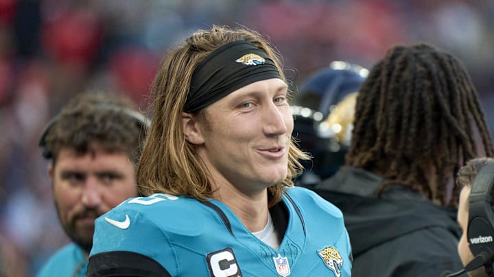 Oct 20, 2024; London, United Kingdom; Jacksonville Jaguars quarterback Trevor Lawrence (16) smiles in the second half during an NFL International Series game at Wembley Stadium. 
