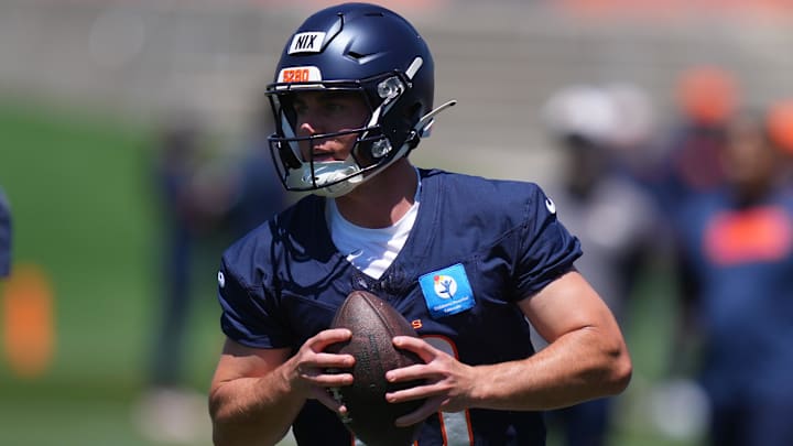 Jun 10, 2025; Denver, CO, USA;Denver Broncos quarterback Bo Nix (10) during minicamp at Broncos Park Powered by CommonSpirit. Mandatory Credit: Ron Chenoy-Imagn Images