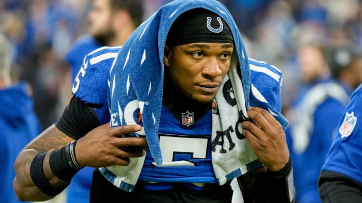 Indianapolis Colts quarterback Anthony Richardson (5) leaves the field Sunday, Nov. 24, 2024, after losing 24-6 to the Detroit Lions at Lucas Oil Stadium in Indianapolis.