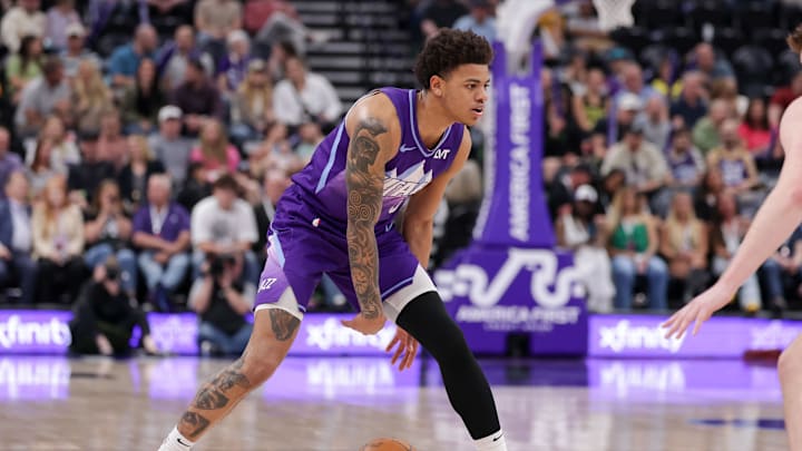 Apr 11, 2025; Salt Lake City, Utah, USA;  Utah Jazz guard Keyonte George (3) dribbles the ball during the second half against the Oklahoma City Thunder at Delta Center. Mandatory Credit: Chris Nicoll-Imagn Images