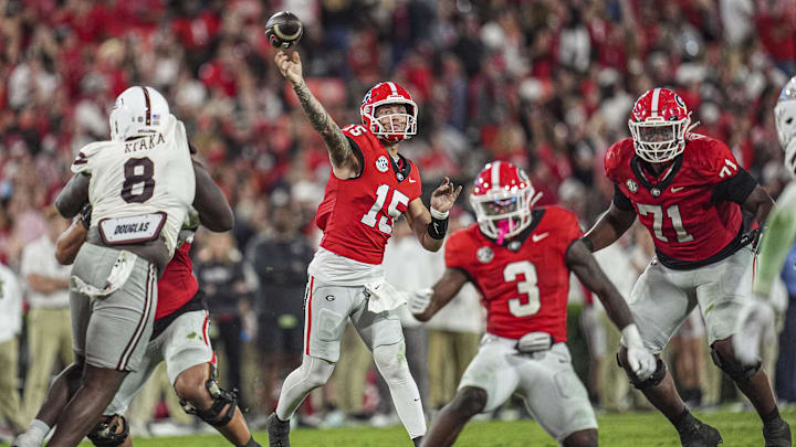 Oct 12, 2024; Athens, Georgia, USA; Georgia Bulldogs quarterback Carson Beck (15) passes the ball against the Mississippi State Bulldogs during the second half at Sanford Stadium. Mandatory Credit: Dale Zanine-Imagn Images