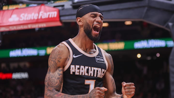 Atlanta Hawks guard Nickeil Alexander-Walker reacts after a basket against the Detroit Pistons in the fourth quarter at State Farm Arena Atlanta Hawks guard Nickeil Alexander-Walker reacts after a basket against the Detroit Pistons in the fourth quarter at State Farm Arena