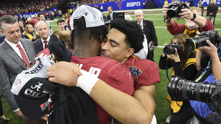Dec 31, 2022; New Orleans, LA, USA;  Alabama quarterback Bryce Young (9) hugs Alabama linebacker Will Anderson Jr. (31) after the 2022 Sugar Bowl at Caesars Superdome. Alabama defeated Kansas State 45-20. Both players opted to play in the game which is likely the last in each man's college career. Mandatory Credit: Gary Cosby Jr.-Imagn Images