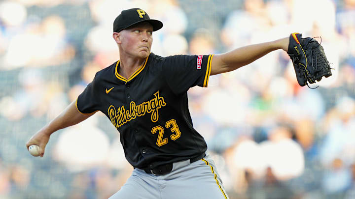 Jul 8, 2025; Kansas City, Missouri, USA; Pittsburgh Pirates starting pitcher Mitch Keller (23) pitches during the first inning against the Kansas City Royals at Kauffman Stadium. Mandatory Credit: Jay Biggerstaff-Imagn Images