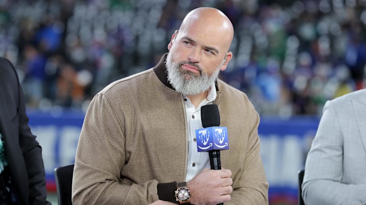 Oct 9, 2025; East Rutherford, New Jersey, USA; Andrew Whitworth is seen on the Thursday Night Football set before the game between the New York Giants and the Philadelphia Eagles at MetLife Stadium. Mandatory Credit: Brad Penner-Imagn Images Oct 9, 2025; East Rutherford, New Jersey, USA; Andrew Whitworth is seen on the Thursday Night Football set before the game between the New York Giants and the Philadelphia Eagles at MetLife Stadium. Mandatory Credit: Brad Penner-Imagn Images