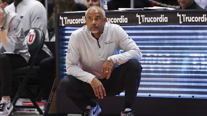 Feb 17, 2025; Salt Lake City, Utah, USA; Kansas State Wildcats head coach Jerome Tang watches the play against the Utah Utes during the first half at Jon M. Huntsman Center. Mandatory Credit: Rob Gray-Imagn Images