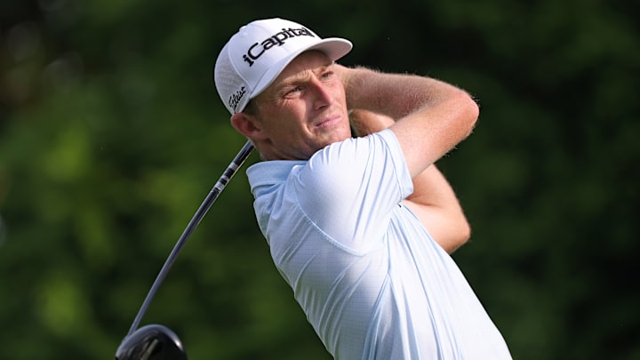 Will Zalatoris tees off during the second round of the 2025 PGA Championship at Quail Hollow