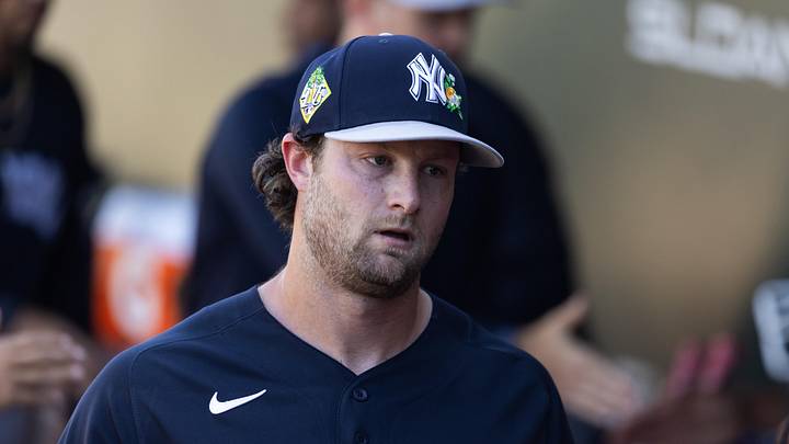 Mar 24, 2026; Mesa, Arizona, USA; New York Yankees pitcher Gerrit Cole against the Chicago Cubs during spring training at Sloan Park. Mandatory Credit: Mark J. Rebilas-Imagn Images