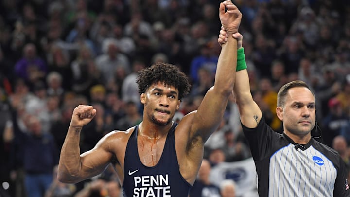 Penn State's Carter Starocci celebrates winning his fifth NCAA title at the 2025 NCAA Wrestling Championships.