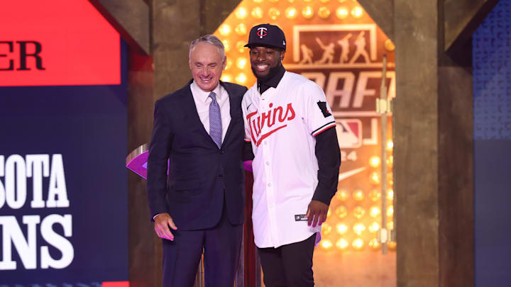 Jul 14, 2024; Ft. Worth, TX, USA;  MLB Commissioner Rob Manfred takes a photo with Kaelen Culpepper after he was drafted by the Minnesota Twins with the 21st pick during the first round of the MLB Draft at Cowtown Coliseum.