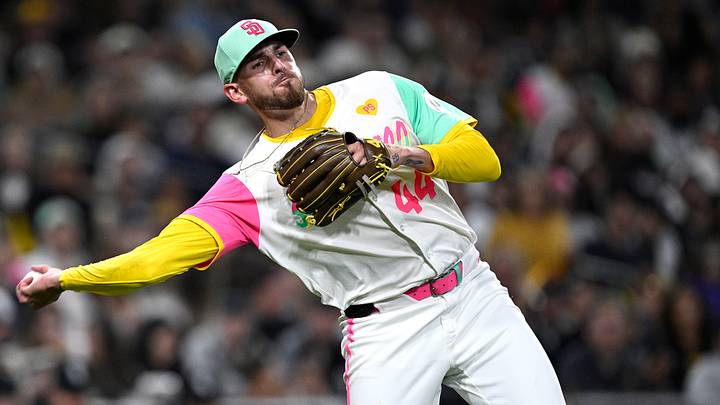 Sep 20, 2024; San Diego, California, USA; San Diego Padres starting pitcher Joe Musgrove (44) throws to first base during the sixth inning against the Chicago White Sox at Petco Park. Mandatory Credit: Orlando Ramirez-Imagn Images
