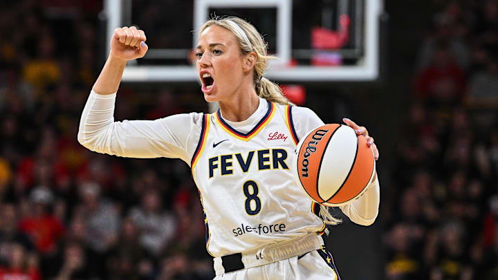 May 4, 2025; Iowa City, IA, USA; Indiana Fever guard Sophie Cunningham (8) reacts during the third quarter against the Brazil National Team at Carver-Haweye Arena. Mandatory Credit: Jeffrey Becker-Imagn Images May 4, 2025; Iowa City, IA, USA; Indiana Fever guard Sophie Cunningham (8) reacts during the third quarter against the Brazil National Team at Carver-Haweye Arena. Mandatory Credit: Jeffrey Becker-Imagn Images