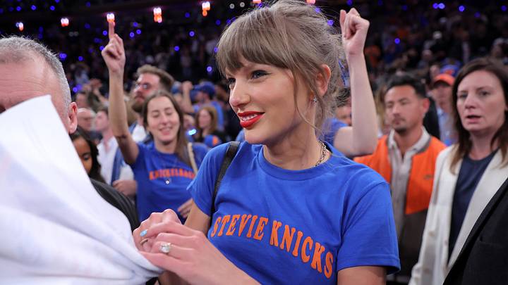 Jun 10, 2026; New York, New York, USA; Taylor Swift reacts after the New York Knicks defeated the San Antonio Spurs in game four of the 2026 NBA Finals at Madison Square Garden. Mandatory Credit: Brad Penner-Imagn Images