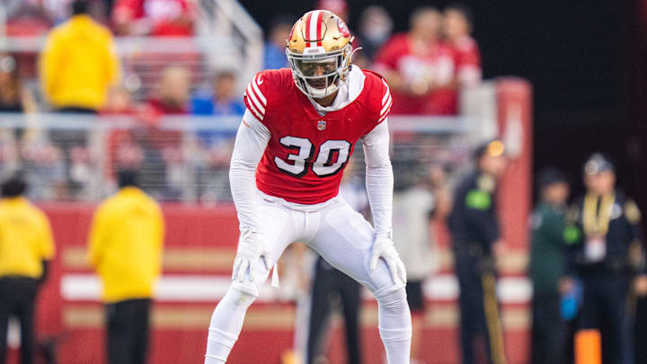 September 21, 2023; Santa Clara, California, USA; San Francisco 49ers safety George Odum (30) during the second quarter against the New York Giants at Levi's Stadium.