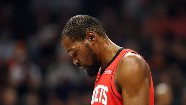 Apr 7, 2026; Phoenix, Arizona, USA; Houston Rockets forward Kevin Durant (7) reacts against the Phoenix Suns at Mortgage Matchup Center. Mandatory Credit: Mark J. Rebilas-Imagn Images