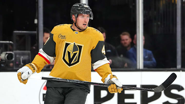 Apr 21, 2026; Las Vegas, Nevada, USA; Vegas Golden Knights left wing Ivan Barbashev (49) awaits a face off against the Utah Mammoth during the second period of game two of the first round of the 2026 Stanley Cup Playoffs at T-Mobile Arena. Mandatory Credit: Stephen R. Sylvanie-Imagn Images