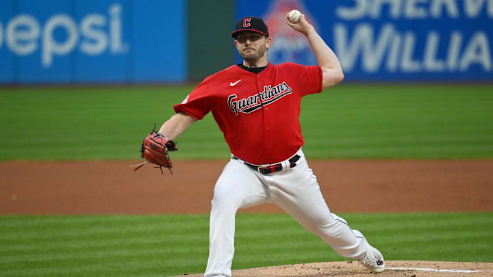 Sep 17, 2022; Cleveland, Ohio, USA; Cleveland Guardians starting pitcher Konnor Pilkington (45) throws a pitch during the first inning against the Minnesota Twins at Progressive Field.