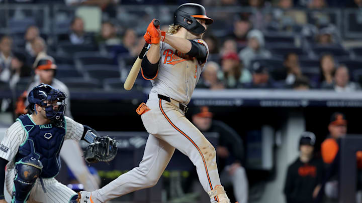 Sep 25, 2024; Bronx, New York, USA; Baltimore Orioles shortstop Gunnar Henderson (2) follows through on a two run single against the New York Yankees during the fourth inning at Yankee Stadium.