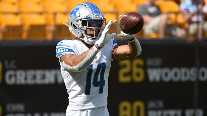 Aug 28, 2022; Pittsburgh, Pennsylvania, USA; Detroit Lions wide receiver Amon-Ra St. Brown (14) catches a practice pass before playing the Detroit Lions at Acrisure Stadium. Mandatory Credit: Philip G. Pavely-Imagn Images Aug 28, 2022; Pittsburgh, Pennsylvania, USA; Detroit Lions wide receiver Amon-Ra St. Brown (14) catches a practice pass before playing the Detroit Lions at Acrisure Stadium. Mandatory Credit: Philip G. Pavely-Imagn Images