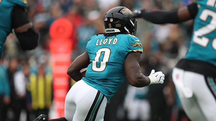 Dec 7, 2025; Jacksonville, Florida, USA; Jacksonville Jaguars linebacker Devin Lloyd (0) runs after making an interception against the Indianapolis Colts during the first half at EverBank Stadium. Mandatory Credit: Matt Pendleton-Imagn Images Dec 7, 2025; Jacksonville, Florida, USA; Jacksonville Jaguars linebacker Devin Lloyd (0) runs after making an interception against the Indianapolis Colts during the first half at EverBank Stadium. Mandatory Credit: Matt Pendleton-Imagn Images