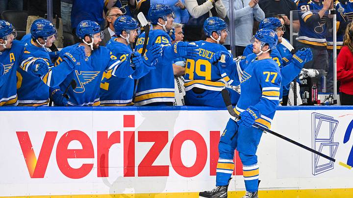 Oct 8, 2026; St. Louis, Missouri, USA; St. Louis Blues left wing Connor McMichael (77) is congratulated by teammates after scoring against the San Jose Sharks during the first period at Enterprise Center. Mandatory Credit: Jeff Curry-Imagn Images