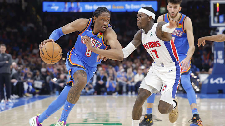 Apr 2, 2025; Oklahoma City, Oklahoma, USA; Oklahoma City Thunder forward Jalen Williams (8) drives to the basket as Detroit Pistons guard Dennis Schroder (17) defends during the second half at Paycom Center. Mandatory Credit: Alonzo Adams-Imagn Images