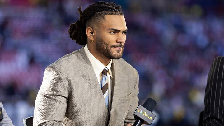 Feb 8, 2026; Santa Clara, CA, USA; NBC Sports analyst Fred Warner prior to the New England Patriots game against the Seattle Seahawks in Super Bowl LX at Levi's Stadium. Mandatory Credit: Mark J. Rebilas-Imagn Images