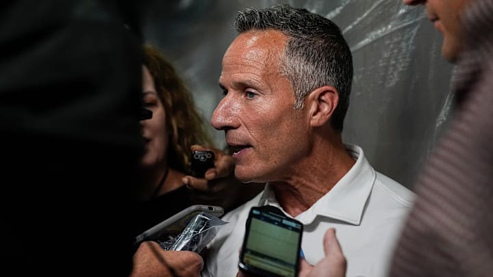 Detroit Tigers team owner Chris Ilitch talks to reporters after the Tigers clinch a wild card spot in the MLB playoff after defeating the White Sox 4-1 at Comerica Park in Detroit on Friday, Sept. 27, 2024.