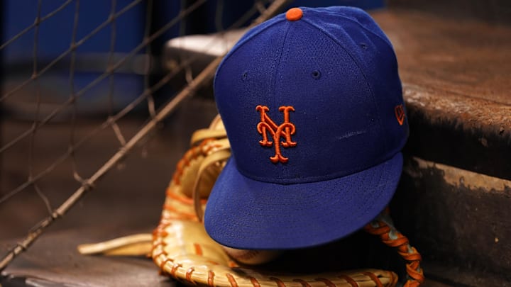 Aug 5, 2021; Miami, Florida, USA; A detailed view of the cap and mitt of New York Mets first baseman