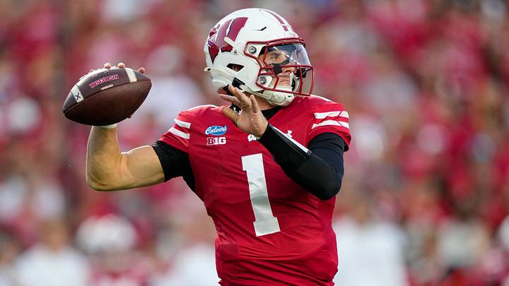 Sep 12, 2026; Madison, Wisconsin, USA;  Wisconsin Badgers quarterback Colton Joseph (1) throws a pass during the first quarter against the Western Illinois Leathernecks at Camp Randall Stadium. Mandatory Credit: Jeff Hanisch-Imagn Images