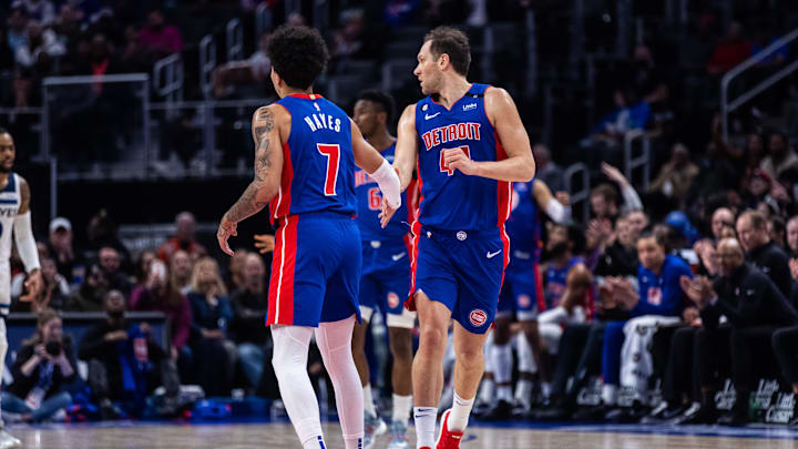 Jan 11, 2023; Detroit, Michigan, USA; Detroit Pistons guard Killian Hayes (7) celebrates a