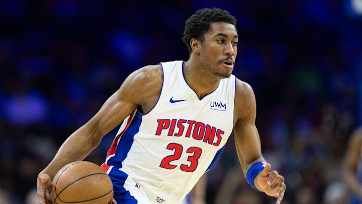 Apr 9, 2024; Philadelphia, Pennsylvania, USA; Detroit Pistons guard Jaden Ivey (23) dribbles the ball against the Philadelphia 76ers during the third quarter at Wells Fargo Center.