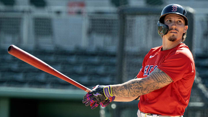 Feb 17, 2025; Lee County, FL, USA;  Boston Red Sox Jarren Duran (16) watches a foul ball during spring training at Jet Blue Park at Fenway South. Photo Credit: Chris Tilley-Imagn Images 