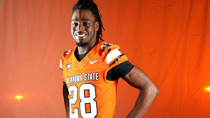 Oklahoma State safety Zaquan Patterson poses for a photograph during the Oklahoma State Cowboys football media days in Gallagher-Iba Arena in Stillwater, Oklahoma, Saturday, Aug., 2, 2025.