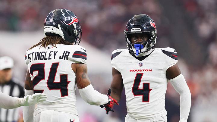Sep 15, 2025; Houston, Texas, USA; Houston Texans cornerback Kamari Lassiter (4) celebrates with Houston Texans cornerback Derek Stingley Jr. (24) after making a stop during the second quarter at NRG Stadium. Mandatory Credit: Troy Taormina-Imagn Images Sep 15, 2025; Houston, Texas, USA; Houston Texans cornerback Kamari Lassiter (4) celebrates with Houston Texans cornerback Derek Stingley Jr. (24) after making a stop during the second quarter at NRG Stadium. Mandatory Credit: Troy Taormina-Imagn Images