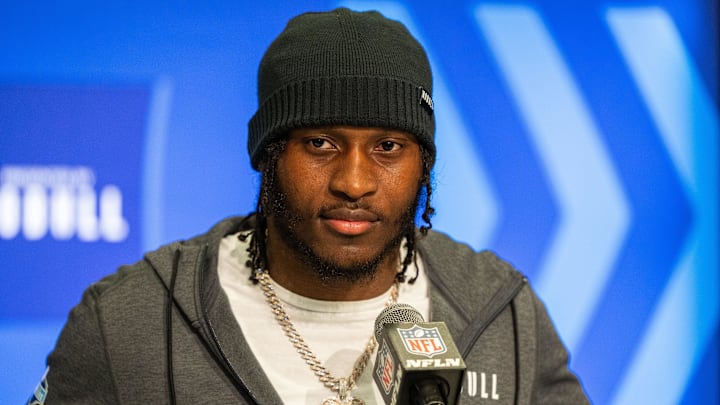 Feb 29, 2024; Indianapolis, IN, USA; Georgia defensive back Tykee Smith (DB63) talks to the media during the 2024 NFL Combine at Lucas Oil Stadium. Mandatory Credit: Trevor Ruszkowski-USA TODAY Sports