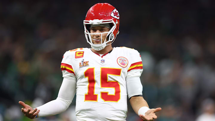 Feb 9, 2025; New Orleans, LA, USA;  Kansas City Chiefs quarterback Patrick Mahomes (15) reacts in the fourth quarter against the Philadelphia Eagles in Super Bowl LIX at Ceasars Superdome. Mandatory Credit: Mark J. Rebilas-Imagn Images