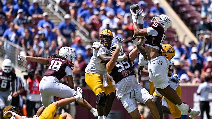 Sep 12, 2026; College Station, Texas, USA; Texas A&M Aggies defensive end Marco Jones (10) intercepts a pass during the fourth quarter against Arizona State Sun Devils at Kyle Field. Mandatory Credit: Maria Lysaker-Imagn Images Sep 12, 2026; College Station, Texas, USA; Texas A&M Aggies defensive end Marco Jones (10) intercepts a pass during the fourth quarter against Arizona State Sun Devils at Kyle Field. Mandatory Credit: Maria Lysaker-Imagn Images
