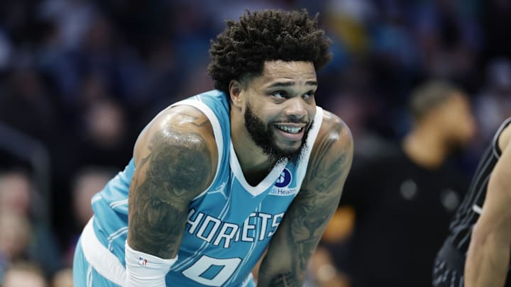 Mar 19, 2026; Charlotte, North Carolina, USA; Charlotte Hornets forward Miles Bridges (0) smiles as he lines up for a free throw during the third quarter against the Orlando Magic at Spectrum Center. Mandatory Credit: Brian Westerholt-Imagn Images Mar 19, 2026; Charlotte, North Carolina, USA; Charlotte Hornets forward Miles Bridges (0) smiles as he lines up for a free throw during the third quarter against the Orlando Magic at Spectrum Center. Mandatory Credit: Brian Westerholt-Imagn Images
