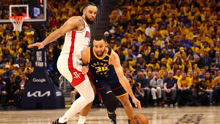 Apr 28, 2025; San Francisco, California, USA; Golden State Warriors guard Stephen Curry (30) drives in against Houston Rockets forward/guard Dillon Brooks (9) during the third quarter of game four of the 2025 NBA Playoffs first round at Chase Center. Mandatory Credit: Kelley L Cox-Imagn Images