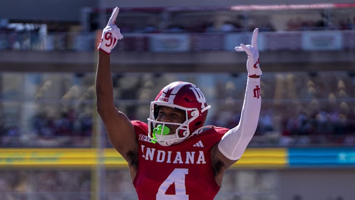 Oct 19, 2024; Bloomington, Indiana, USA; Indiana Hoosiers Myles Price (4) celebrates a touchdown during the second quarter of a game against the Nebraska Cornhuskers at Memorial Stadium. Mandatory Credit: Jacob Musselman-Imagn Images Oct 19, 2024; Bloomington, Indiana, USA; Indiana Hoosiers Myles Price (4) celebrates a touchdown during the second quarter of a game against the Nebraska Cornhuskers at Memorial Stadium. Mandatory Credit: Jacob Musselman-Imagn Images