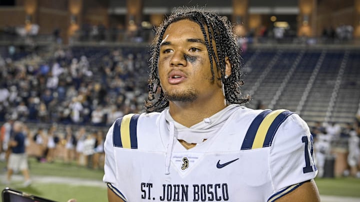 Aug 26, 2022; Allen, TX, USA; St. John Bosco Braves defensive lineman Matayo Uiagalelei (11) during the Prep Gridiron Tom Landry Classic between St. John Bosco Braves and the Allen Eagles at Eagle Stadium at Allen High School. Mandatory Credit: Jerome Miron-Imagn Images