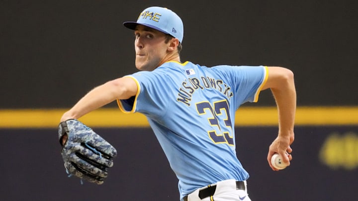 Jun 12, 2025; Milwaukee, Wisconsin, USA;  Milwaukee Brewers pitcher Jacob Misiorowski (33) throws a pitch during the third inning against the St. Louis Cardinals at American Family Field. Mandatory Credit: Jeff Hanisch-Imagn Images