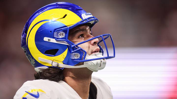 Dec 29, 2025; Atlanta, Georgia, USA; Los Angeles Rams wide receiver Puka Nacua (12) reacts after a play against the Atlanta Falcons in the fourth quarter at Mercedes-Benz Stadium. Mandatory Credit: Brett Davis-Imagn Images