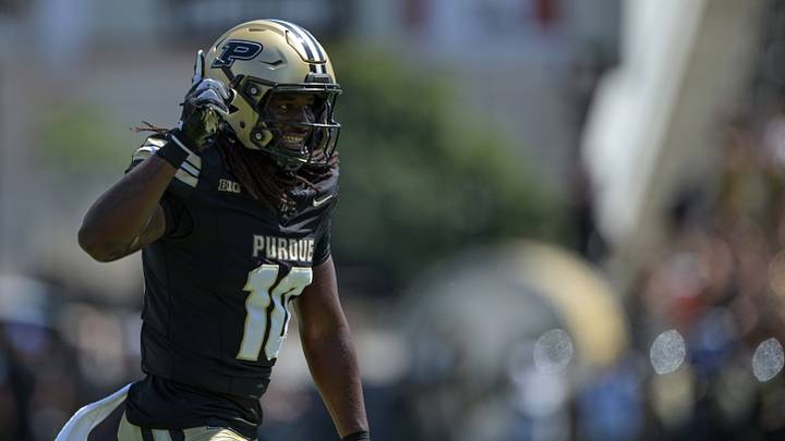 Aug 30, 2025; West Lafayette, Indiana, USA; Purdue Boilermakers linebacker Alex Sanford Jr. (10) celibates a sack during the second half against the Ball State Cardinals at Ross-Ade Stadium. Mandatory Credit: Marc Lebryk-Imagn Images Aug 30, 2025; West Lafayette, Indiana, USA; Purdue Boilermakers linebacker Alex Sanford Jr. (10) celibates a sack during the second half against the Ball State Cardinals at Ross-Ade Stadium. Mandatory Credit: Marc Lebryk-Imagn Images