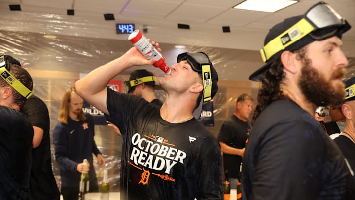 Oct 2, 2024; Houston, Texas, USA; Members of the Detroit Tigers celebrate in the locker room after defeating the Houston Astros in game two of the Wildcard round for the 2024 MLB Playoffs at Minute Maid Park. 