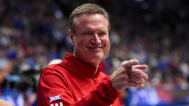 Dec 16, 2025; Lawrence, Kansas, USA; Kansas Jayhawks head coach Bill Self reacts prior to a game against the Towson Tigers at Allen Fieldhouse. Mandatory Credit: Jay Biggerstaff-Imagn Images