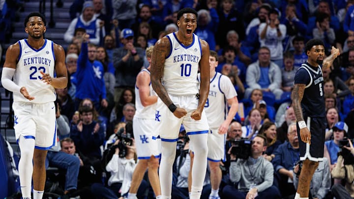 Oct 30, 2025; Lexington, KY, USA; Kentucky Wildcats forward Brandon Garrison (10) celebrates during the second half against the Georgetown Hoyas at Rupp Arena at Central Bank Center. Mandatory Credit: Jordan Prather-Imagn Images