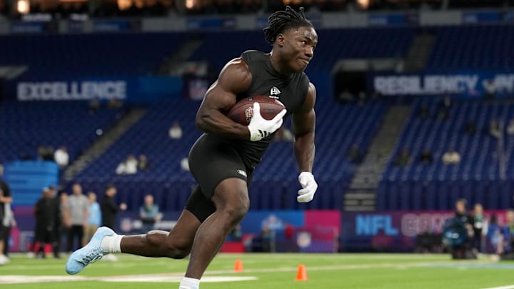 Feb 28, 2026; Indianapolis, IN, USA; Nebraska running back Emmett Johnson (RB10) during the NFL Scouting Combine at Lucas Oil Stadium. 
